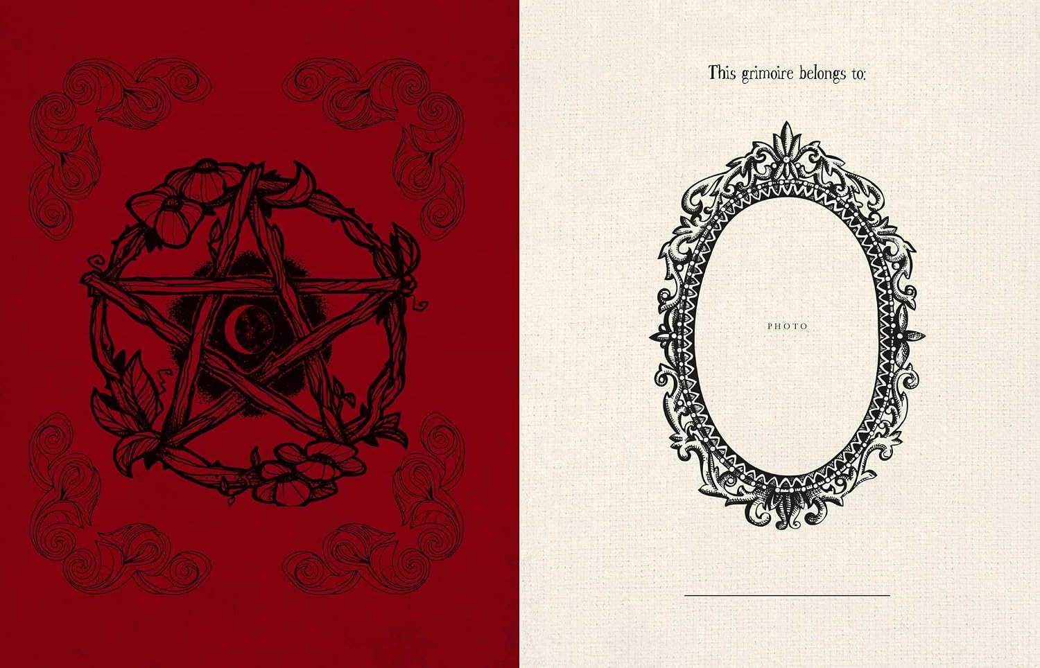 A two-sided view of a gothic-themed grimoire booklet. The left page features a black ink illustration of a pentagram wreath with a moon symbol on a deep red background.
