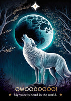 White wolf howling at a large moon with trees and stars in the background