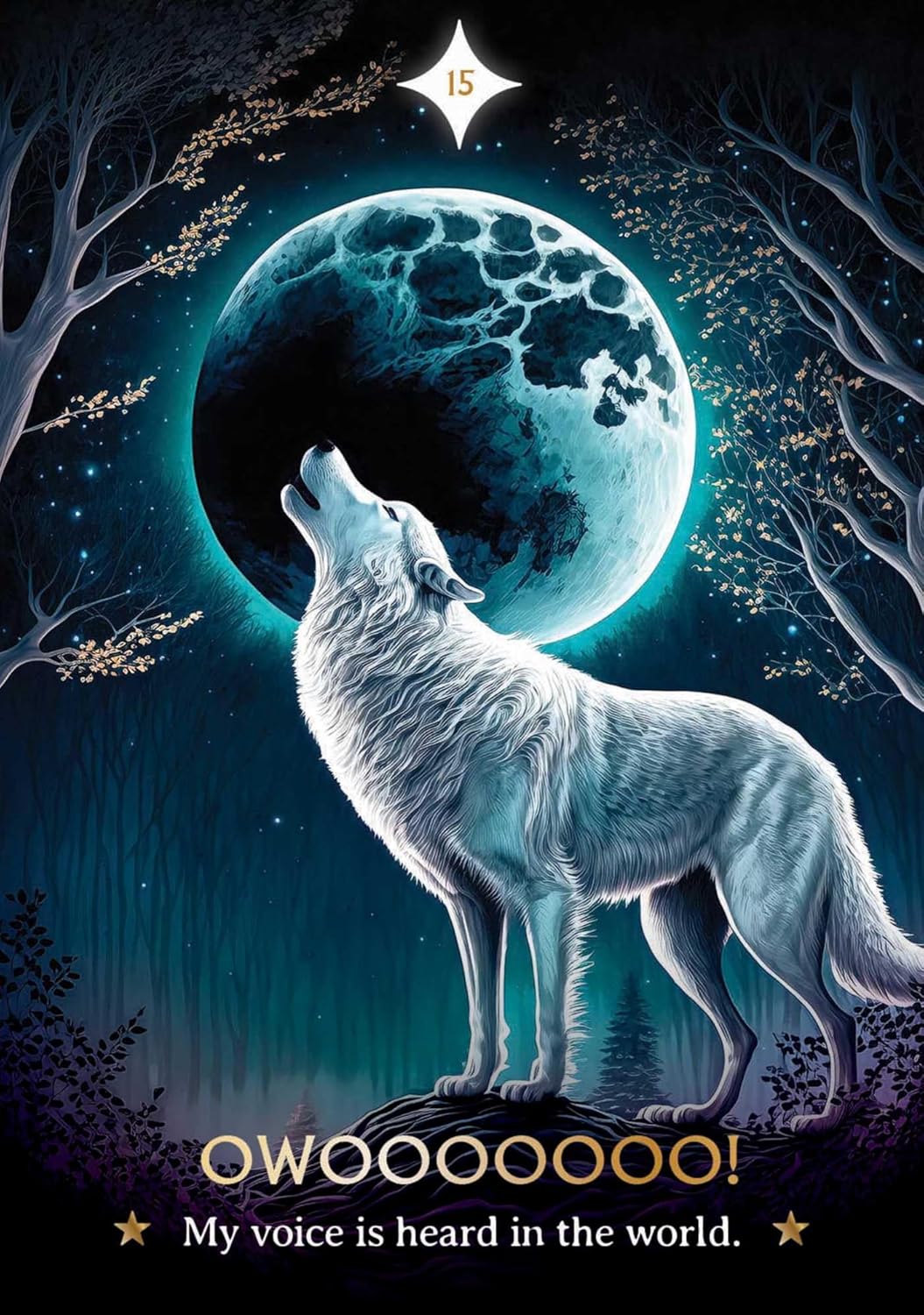 White wolf howling at a large moon with trees and stars in the background