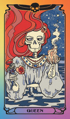 A stylized tarot card illustration labeled QUEEN at the bottom. The central figure is a skeleton with long flowing red hair, wearing a white robe and blue jeweled collar, holding flowers in one hand and smoking a pipe with the other.