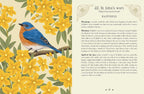 Illustration of a blue bird on yellow flowers with text on a beige background