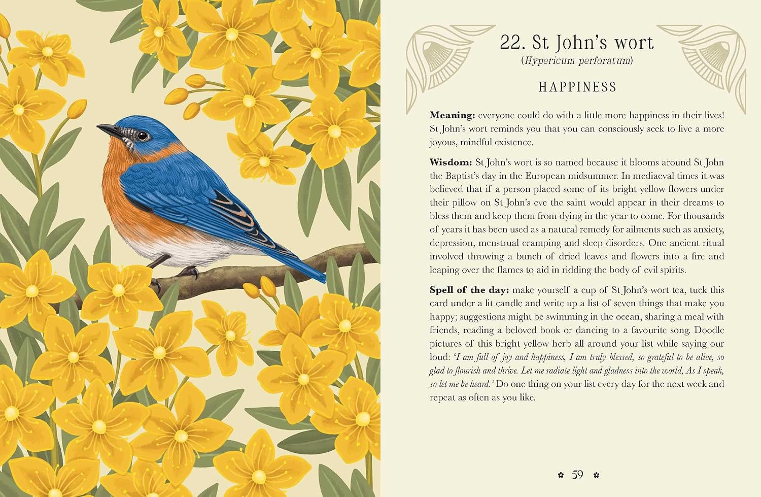Illustration of a blue bird on yellow flowers with text on a beige background