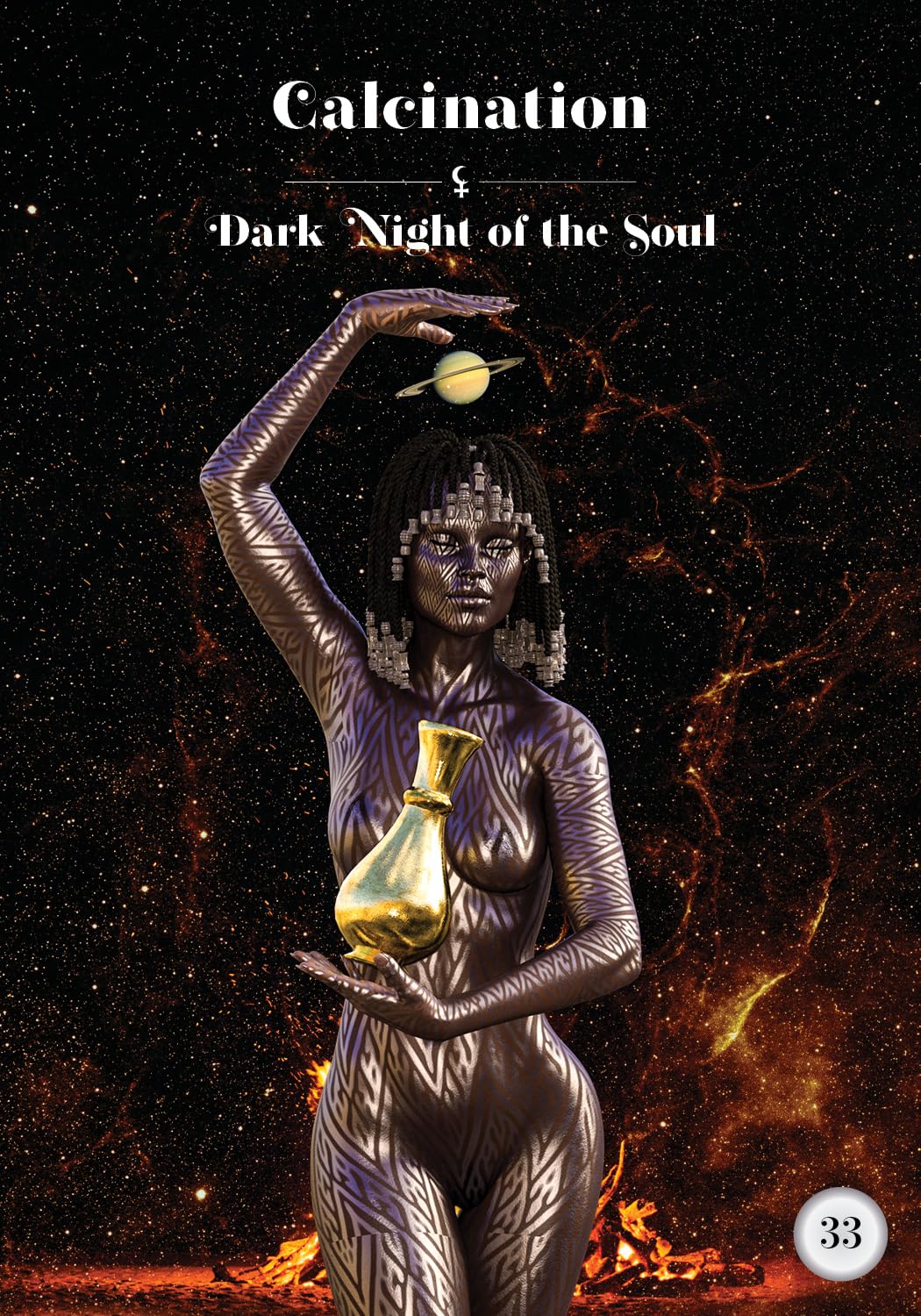 Book cover of 'Calcination & Dark Night of the Soul' with a figure holding a flask and a planet, set against a fiery background.
