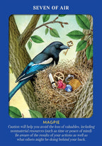 Tarot card featuring a magpie with a nest and key, on a blue background.