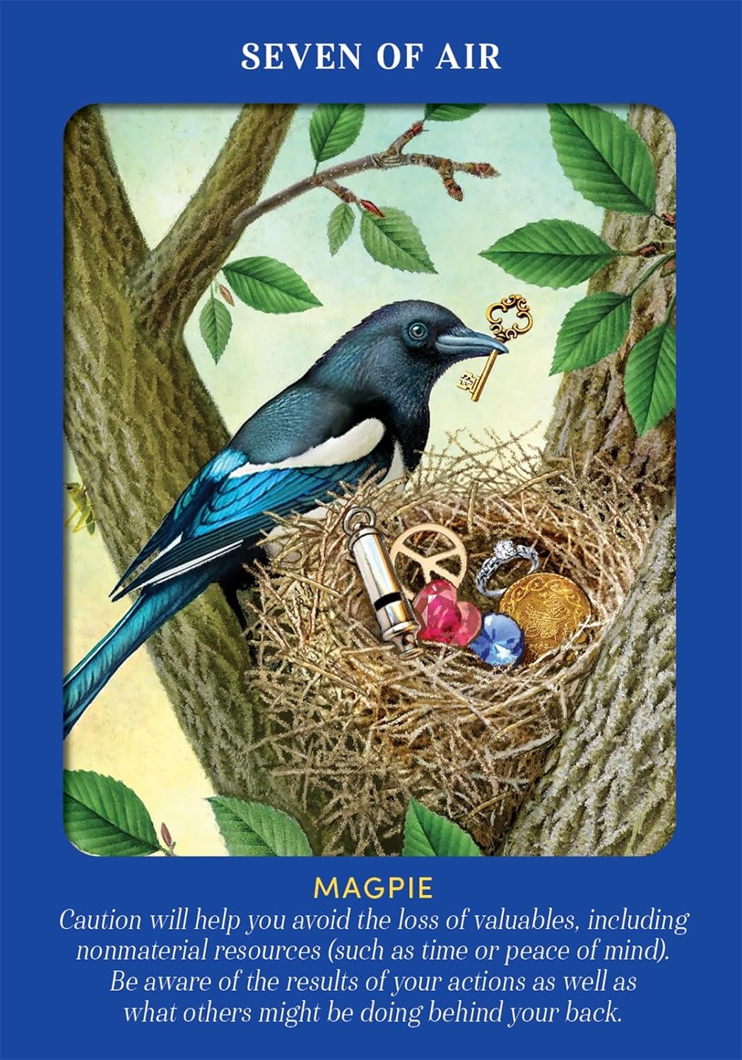 Tarot card featuring a magpie with a nest and key, on a blue background.