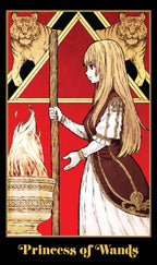 Illustration of a character labeled 'Princess of Wands' with a red background featuring tigers and a fire.