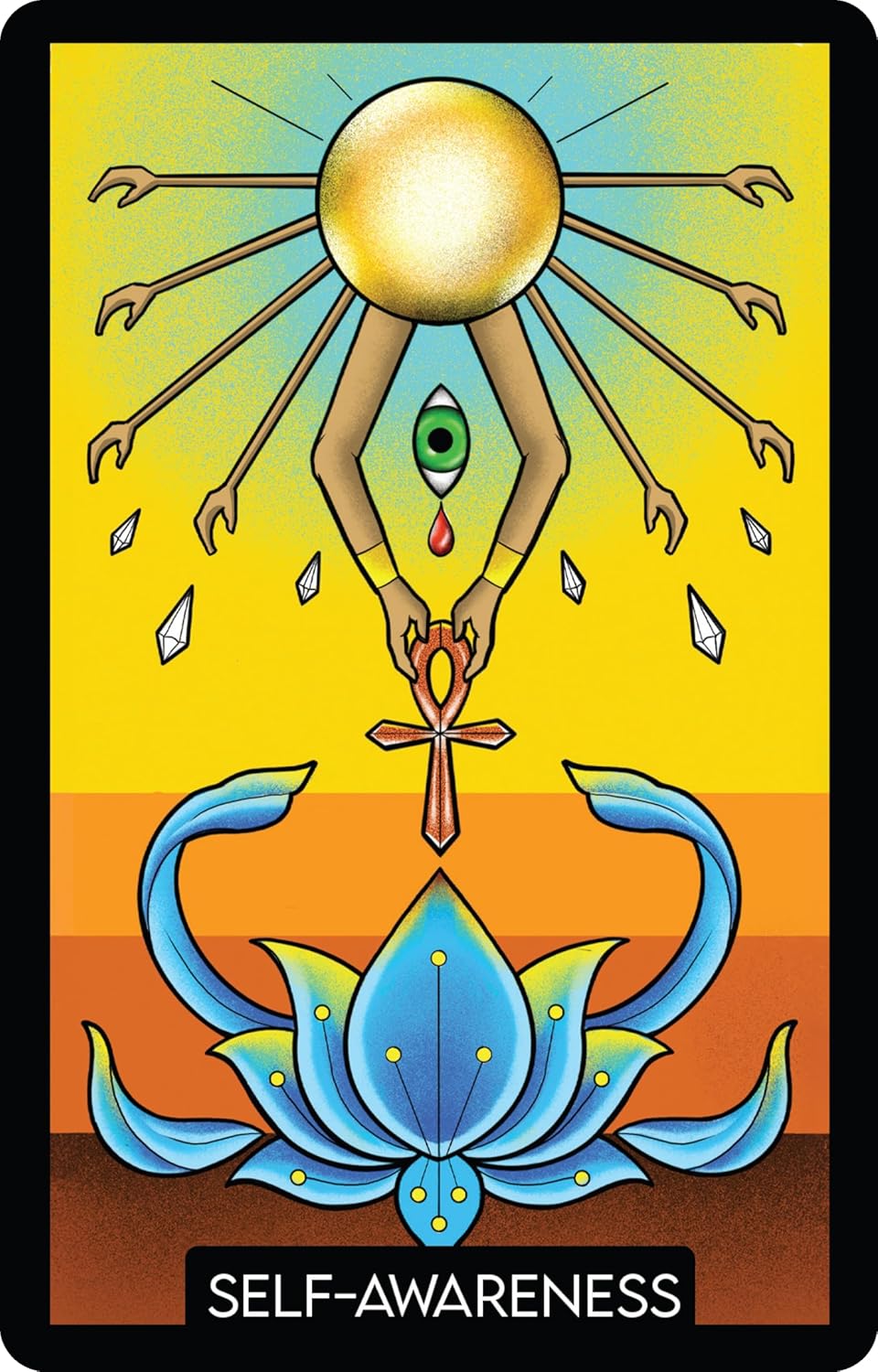 Card titled 'Self-Awareness' with a central figure, lotus flower, and sun design on a colorful background.
