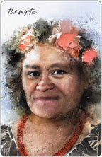 Person with floral headpiece and 'The Mystic' text