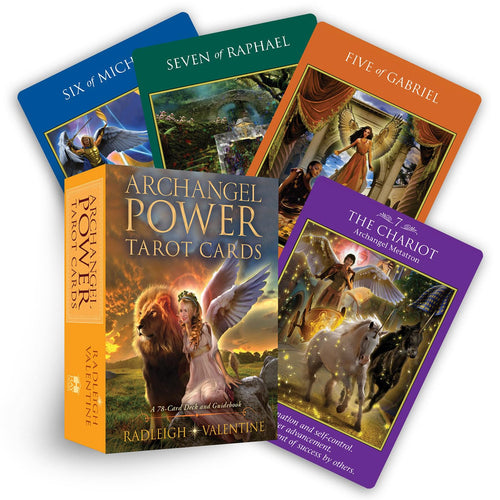 Set of Archangel Power Tarot Cards with colorful card backs and a central card.