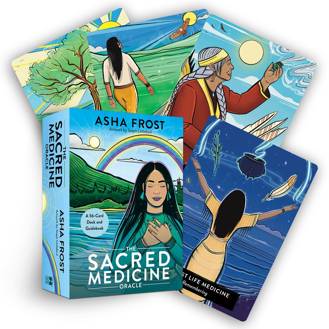 Set of 'The Sacred Medicine' oracle cards with colorful illustrations and packaging.