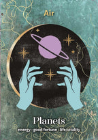 Illustration of hands holding a planet with astrological symbols and text on a textured background