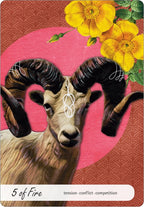 Card featuring a ram with large horns and flowers on a pink and brown patterned background
