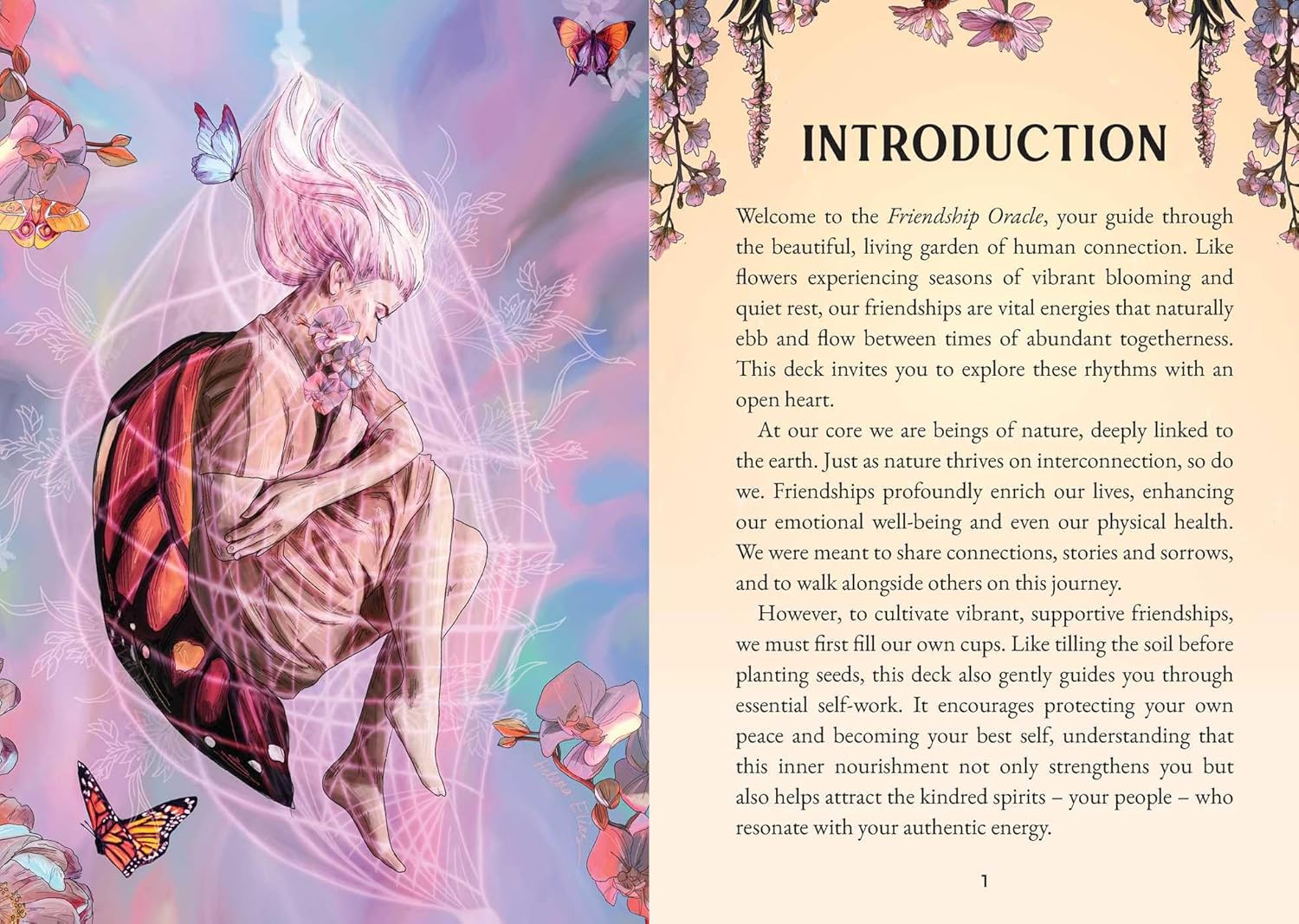 Book page with an introduction to a friendship deck, featuring illustrations of a heart and butterflies on a colorful background.
