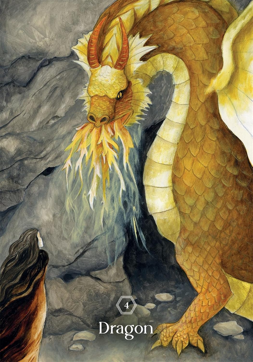 Illustration of a dragon breathing fire with rocky background