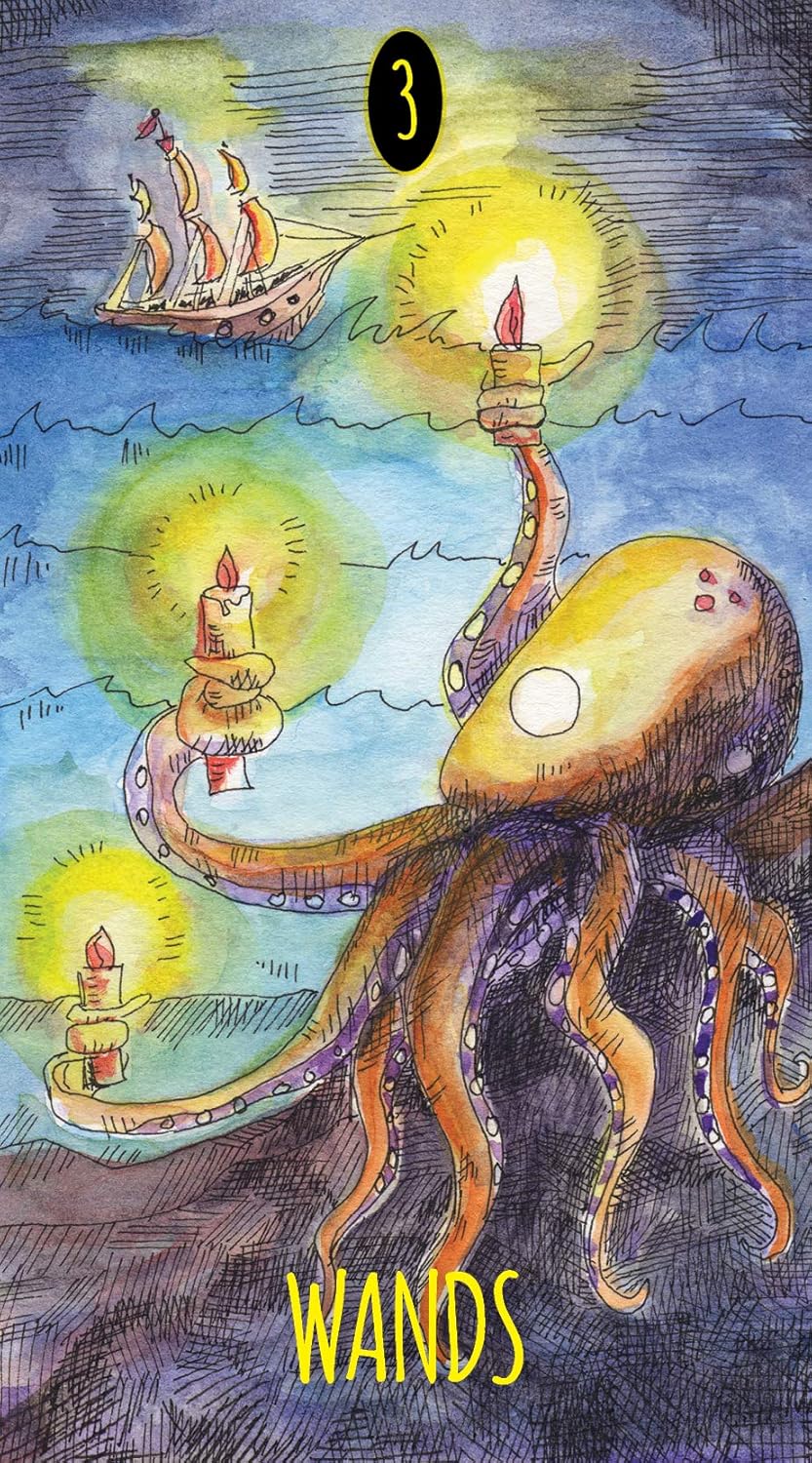 Illustration of a giant squid with candles on its tentacles, sailing on water with a ship in the background, labeled 'Wands'.