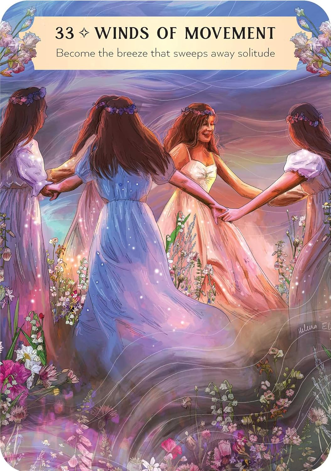 Card with four women holding hands in a circle, surrounded by flowers and text '33 Winds of Movement'.
