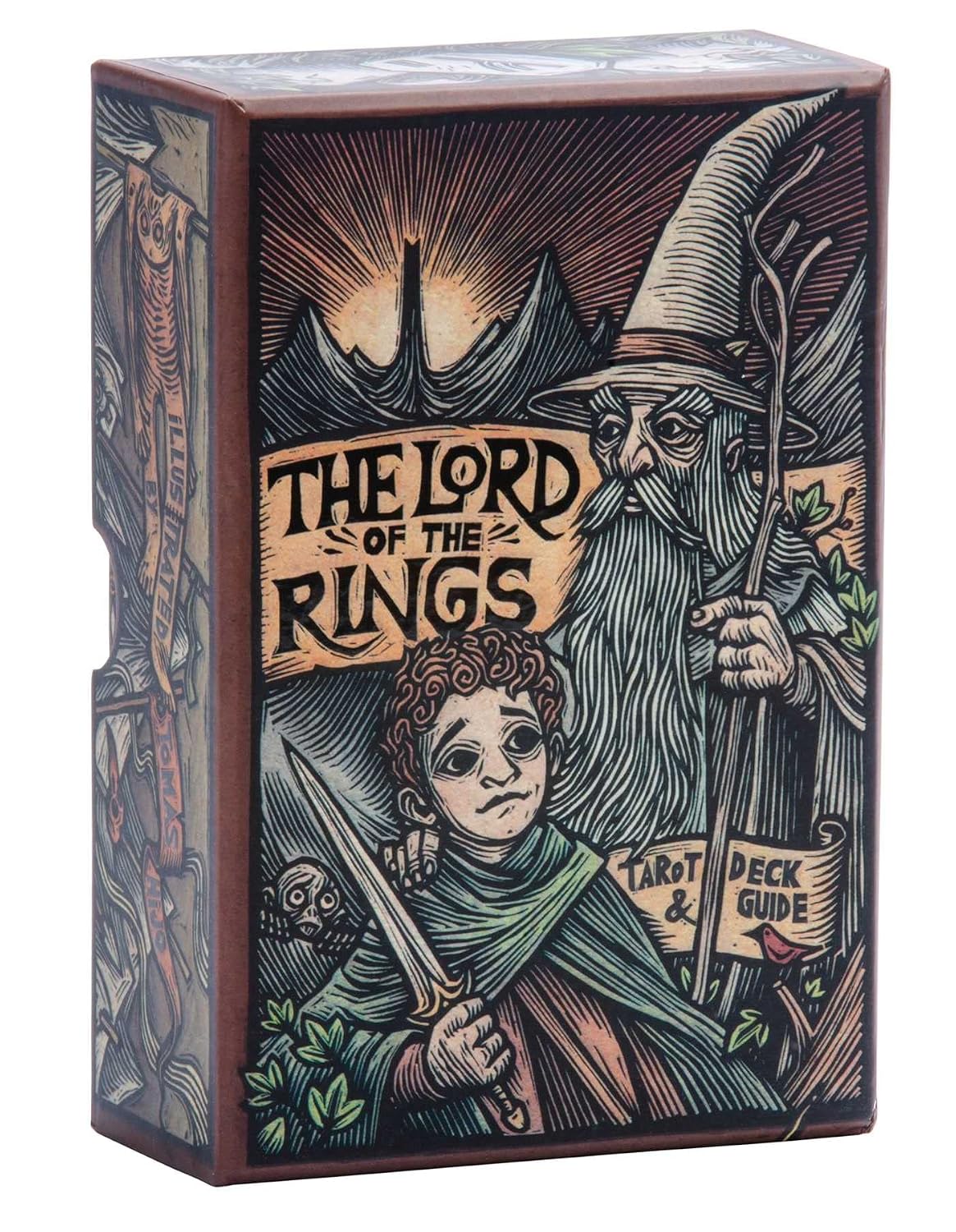 Card game box for 'The Lord of the Rings' with illustrated characters on a white background