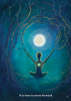 Artistic depiction of a person with outstretched arms towards a bright light source, surrounded by swirling blue and gold patterns.