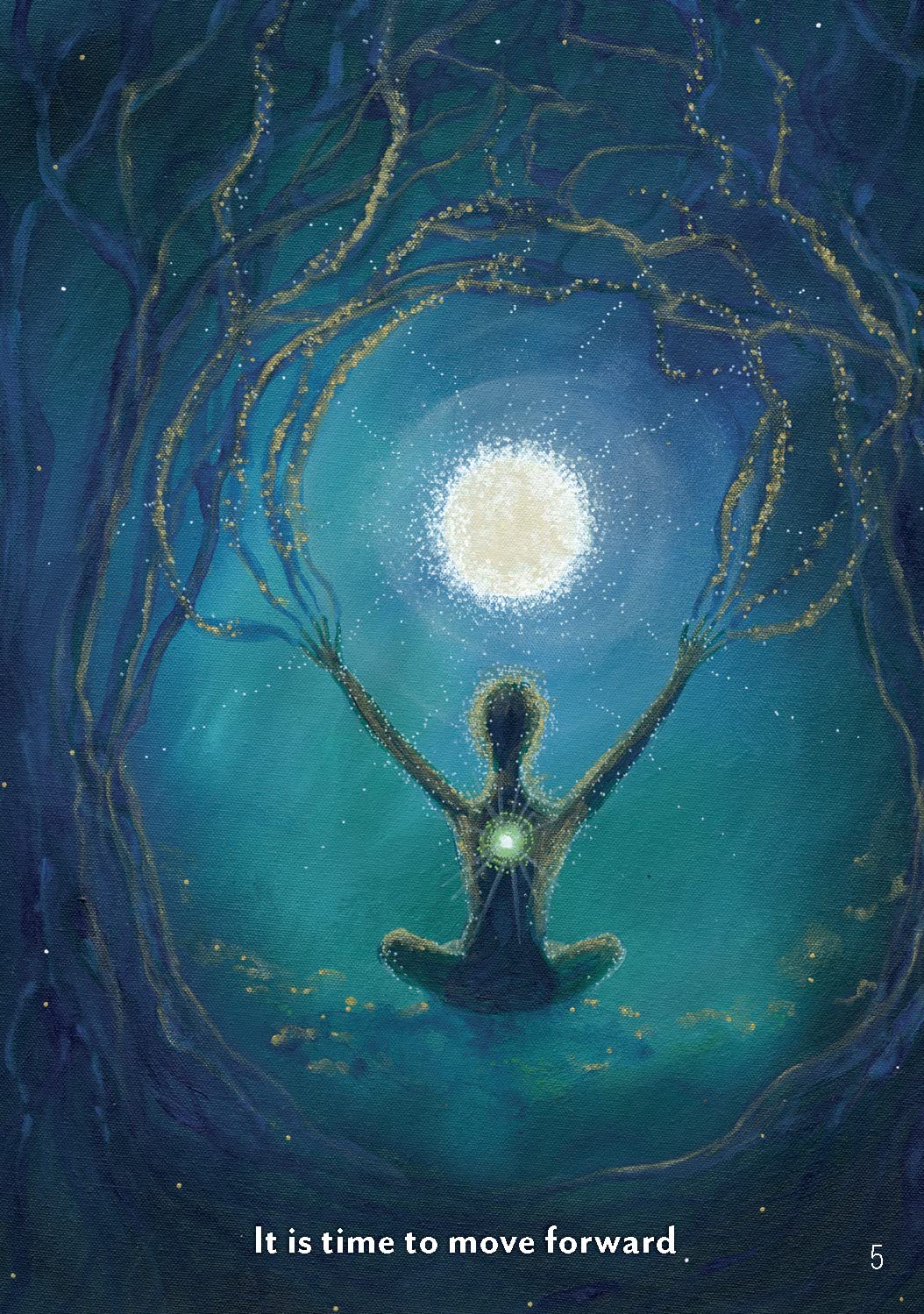 Artistic depiction of a person with outstretched arms towards a bright light source, surrounded by swirling blue and gold patterns.