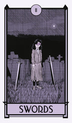 Illustration of a person standing in a graveyard with swords, labeled 'SWORDS'.