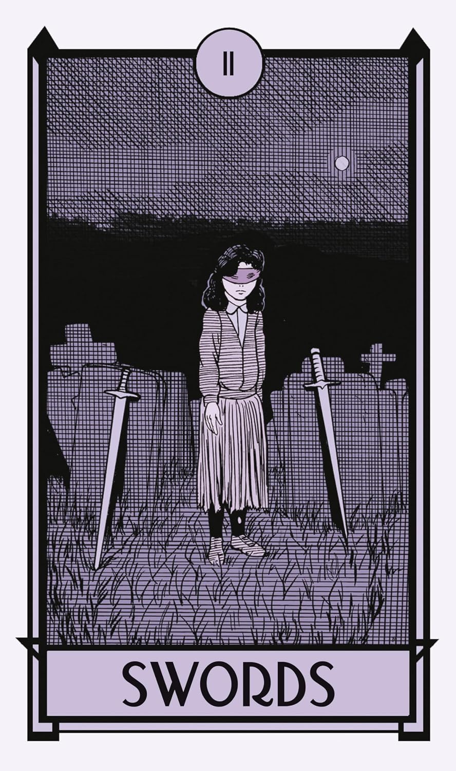 Illustration of a person standing in a graveyard with swords, labeled 'SWORDS'.