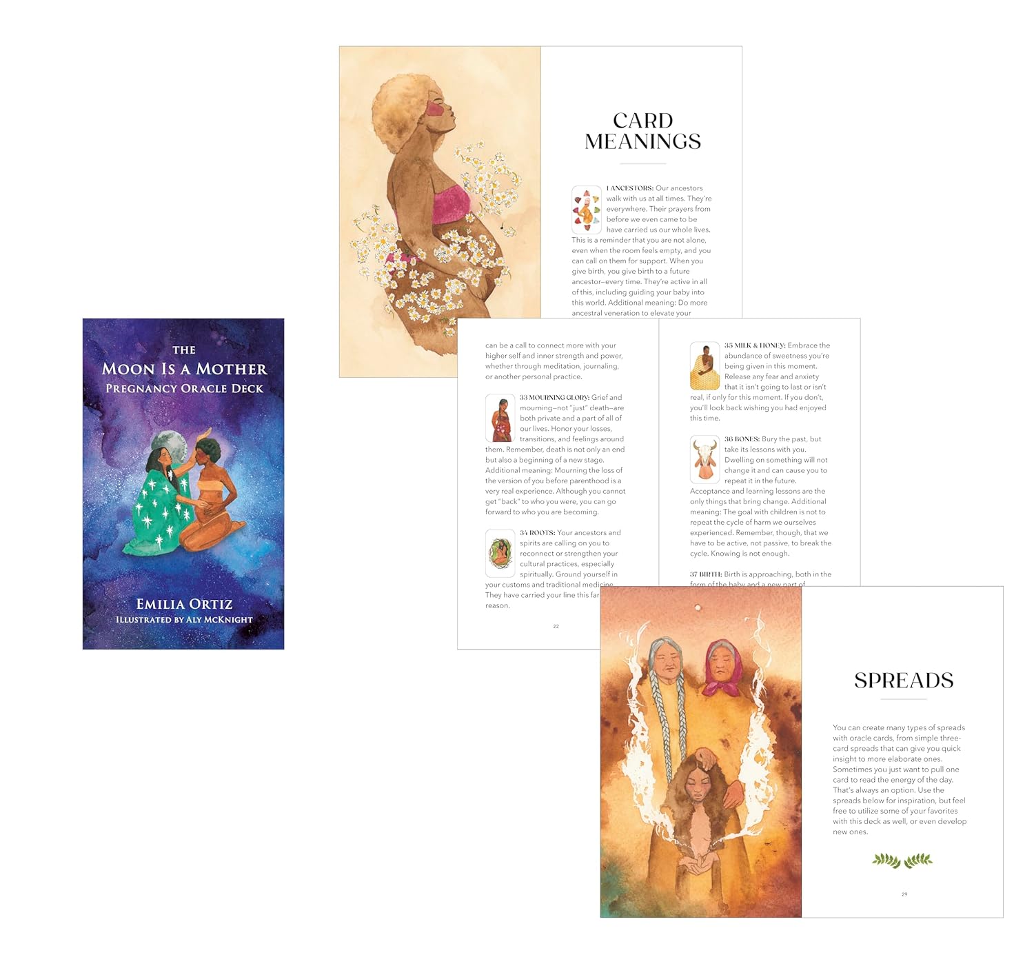 Pamphlet or booklet about 'The Moon is a Mother' Pregnancy Oracle Deck with illustrations and text.