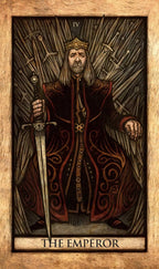 Tarot card featuring 'The Emperor' with a robed figure holding a sword.