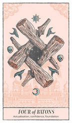 A tarot card titled 'FOUR of BATONS' with the subtitle 'Actualisation, confidence, foundation.' The card features four crossed wooden rods or logs with a dark center, surrounded by small blue birds, a crescent moon, skulls, stars, and a faint architectural skyline on a pale pink background.