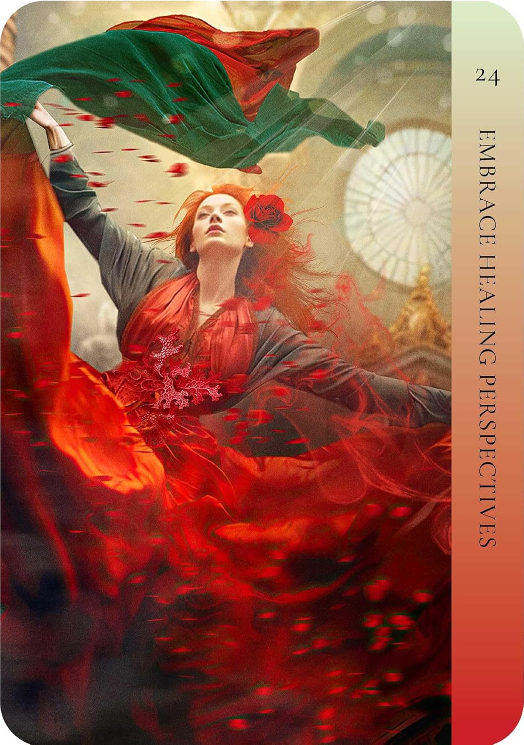 Artistic depiction of a woman with red hair and a red flower in her hair, surrounded by swirling colors and patterns.