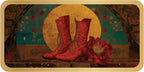 Red boots and flowers on a decorative background with a gold border
