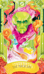 Colorful depiction of 'The Magician' card with a green figure, broom, and colorful background.