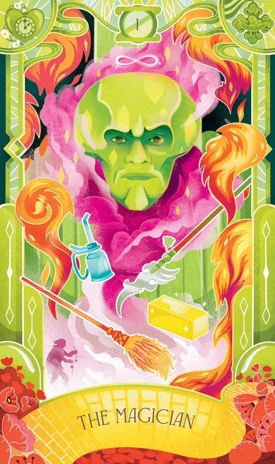 Colorful depiction of 'The Magician' card with a green figure, broom, and colorful background.