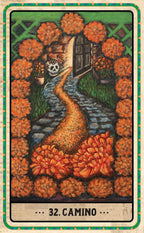 A tarot-style illustrated card titled '32. CAMINO' showing a stone path leading through a doorway framed by orange marigolds, with green grass and a decorative border.