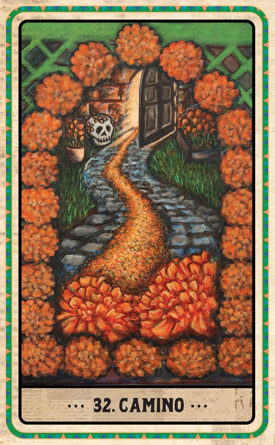 A tarot-style illustrated card titled '32. CAMINO' showing a stone path leading through a doorway framed by orange marigolds, with green grass and a decorative border.