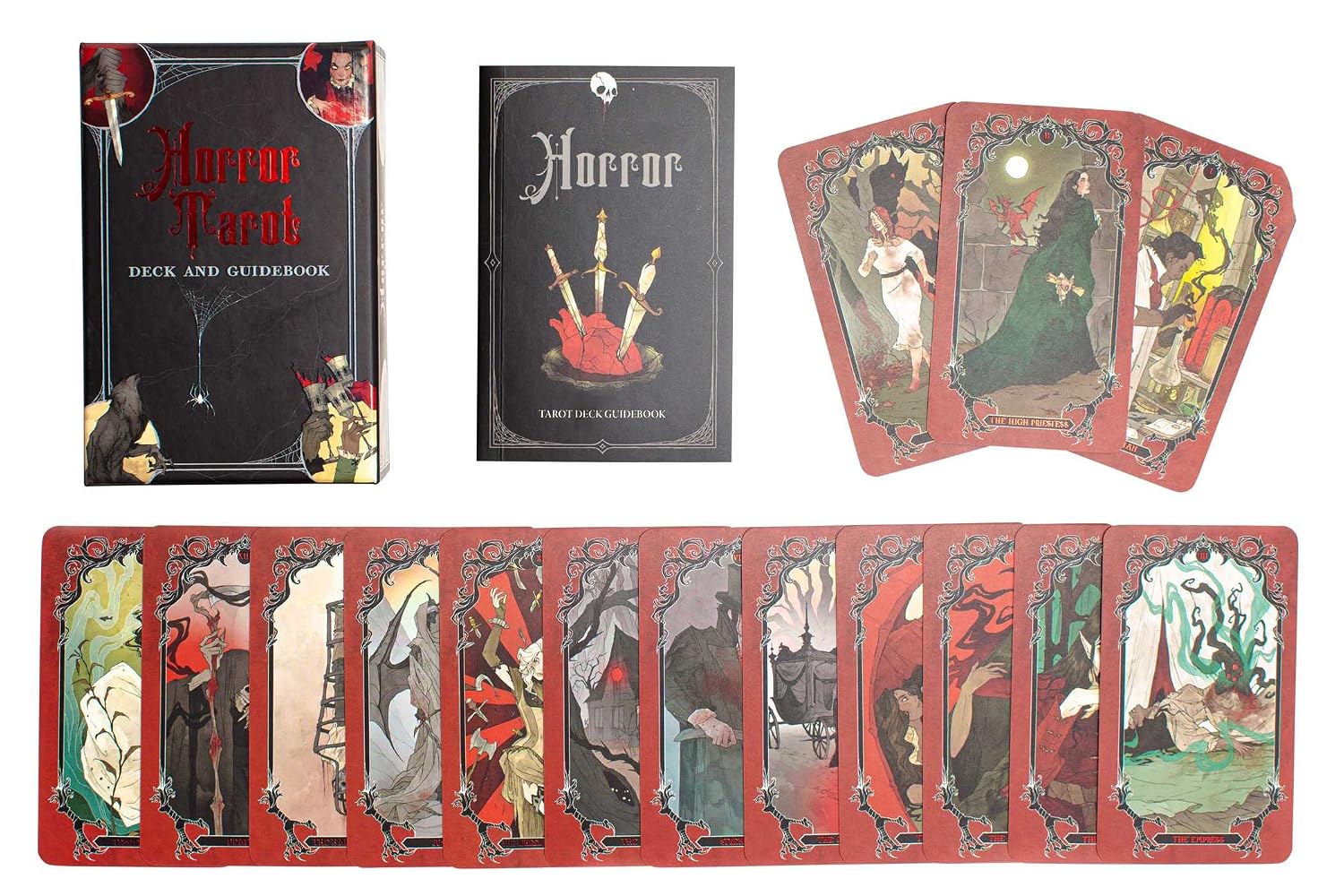 Horror Tarot Deck and Guidebook set displayed on a white background, showing the box, guidebook, three fanned cards, and the remaining cards in the deck.