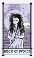 Illustration of a tarot card titled 'Knight of Swords' featuring a person with long hair and a flag.