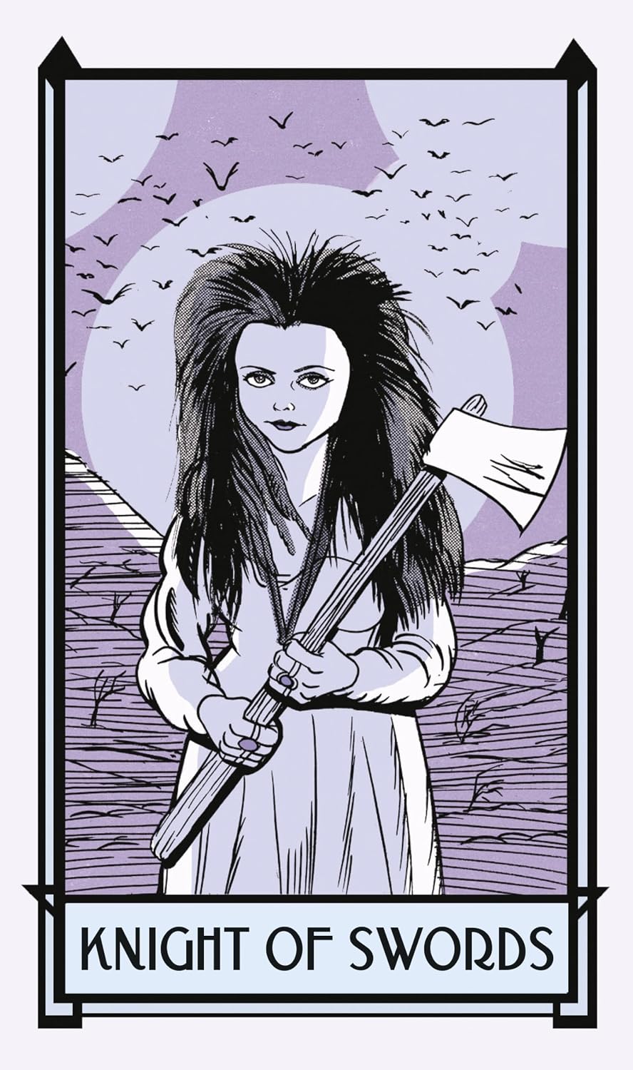 Illustration of a tarot card titled 'Knight of Swords' featuring a person with long hair and a flag.