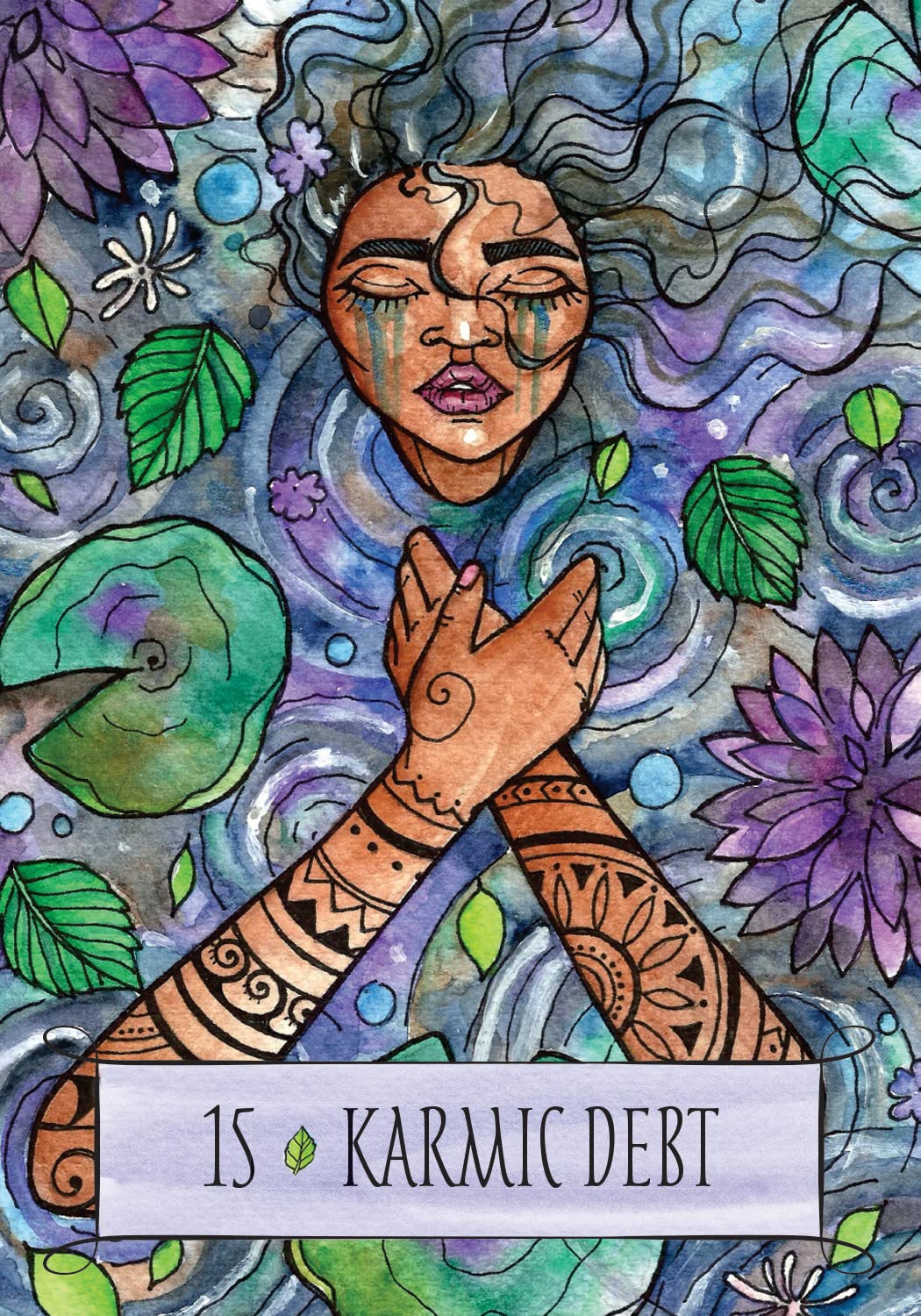 Artistic depiction of a person with tattoos and nature elements, labeled 'Karmic Debt'.