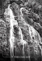Black and white illustration of a waterfall cascading down rocky cliffs.