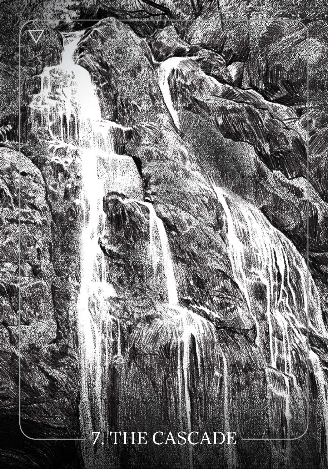 Black and white illustration of a waterfall cascading down rocky cliffs.