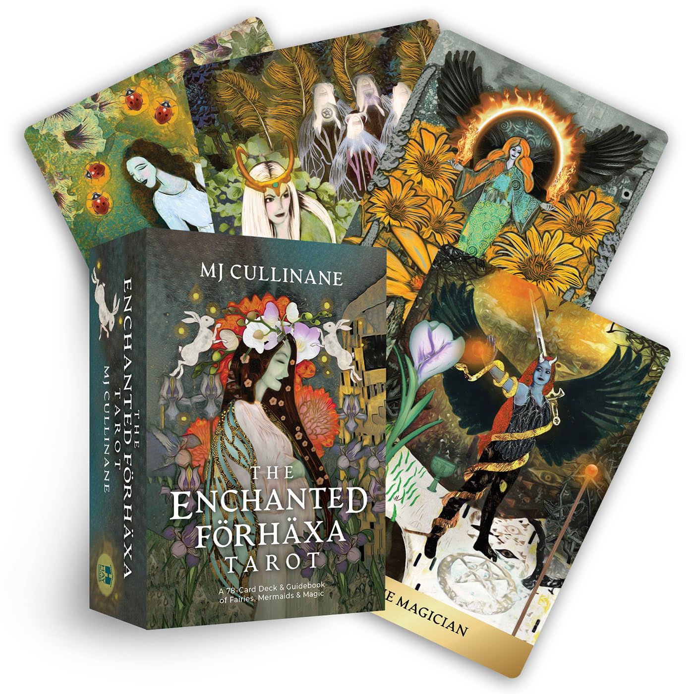 The Enchanted Forhäxa Tarot with tarot cards and box on a white background