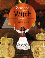 Book cover of 'Seasons of the Witch: Mabon Journal' with an illustration of a woman in a traditional outfit surrounded by hay bales and candles.