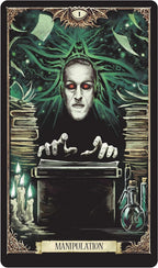 Card with a character in a dark robe and red eyes, surrounded by books and candles, with the word 'Manipulation' at the bottom.