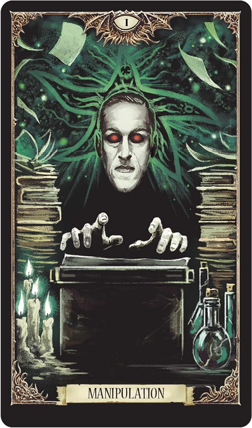 Card with a character in a dark robe and red eyes, surrounded by books and candles, with the word 'Manipulation' at the bottom.