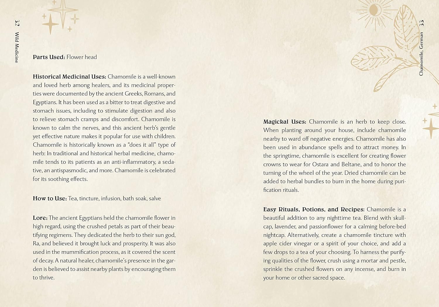 A printed informational page about chamomile, showing botanical illustrations, Latin names, and sections on parts used, historical and magical uses, and easy rituals, potions, and deciphers.