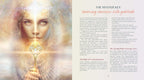 An open book spread showing a left page with a large portrait of a woman's face and glowing light effects, and a right page with the title 'THE MASTER KEY: becoming conscious with gratitude' and several paragraphs of text.
