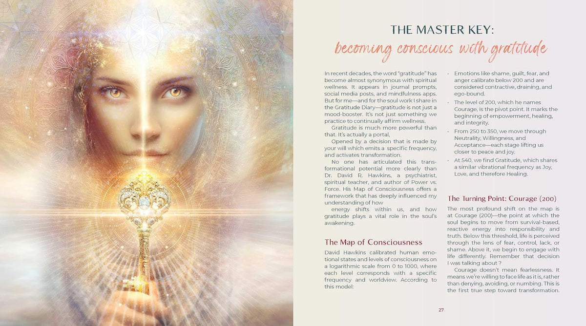 An open book spread showing a left page with a large portrait of a woman's face and glowing light effects, and a right page with the title 'THE MASTER KEY: becoming conscious with gratitude' and several paragraphs of text.