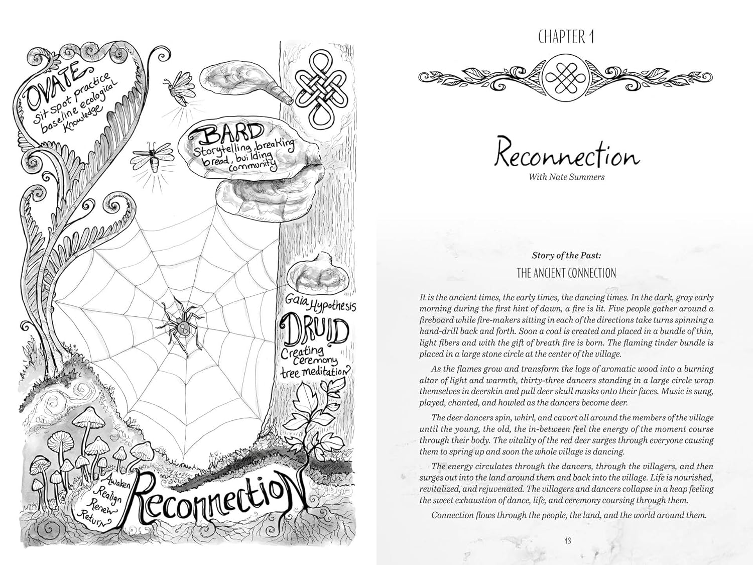 Page from a book with intricate illustrations and text on 'Reconnection'.