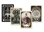 Four illustrated tarot-style cards arranged in a fan on a plain white background. The cards feature dark, vintage-style artwork with cream borders and visible titles including The Devil Queen, Quintference, and The Labyrinth.