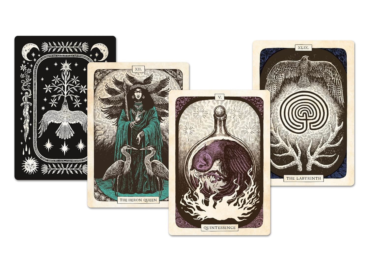 Four illustrated tarot-style cards arranged in a fan on a plain white background. The cards feature dark, vintage-style artwork with cream borders and visible titles including The Devil Queen, Quintference, and The Labyrinth.